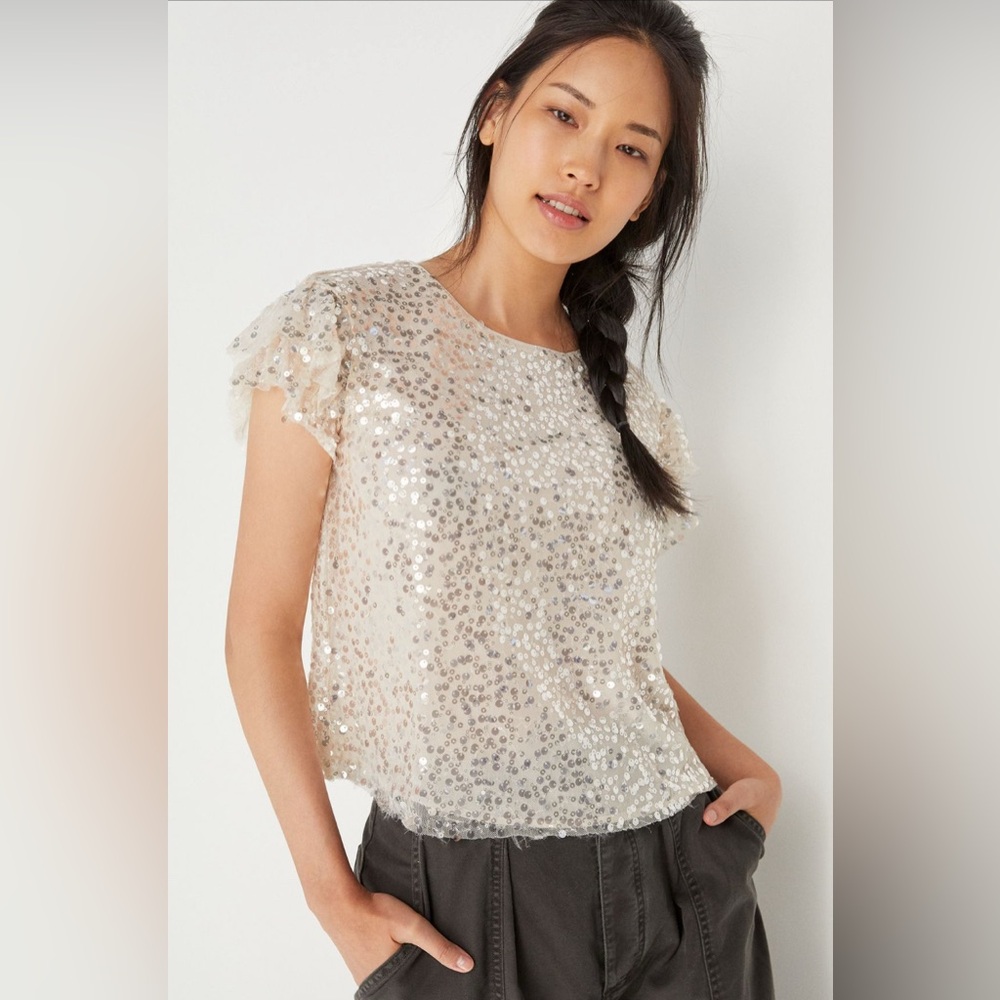 Anthropologie Pamela Sequin Blouse New small short sleeve silver white top